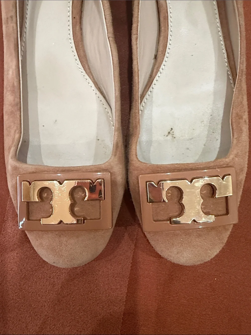 Tory Burch Blush Suede Logo Buckle Flats used condition.
